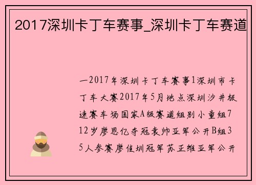 2017深圳卡丁车赛事_深圳卡丁车赛道